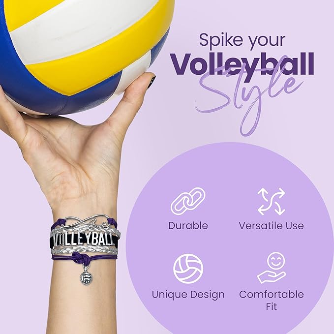 Volleyball Bracelets For Girls- Ideal Volleyball Gifts & Souvenirs. Adjustable Charm Bracelet with Moveable Letters, Infinity Symbol & Silver Volleyball Charm. Fashionable Bracelets by SportyBella.