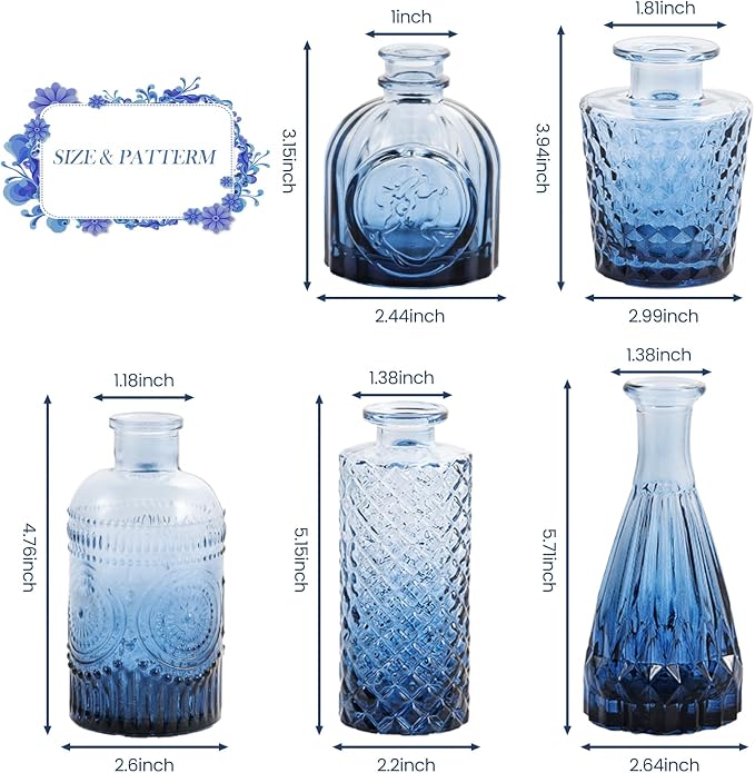 UPBUD Glass Blue Bud Vases Set of 5, Mini Flower Vase - Image 6