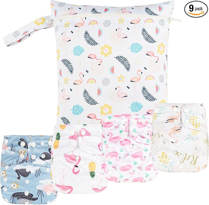 HappyFlute 9 Sets Newborn Baby Cloth Pocket Diapers Adjustable Reusable for Baby Boys and Girls(6-33 pounds,0-3 Years),One Wet Bag+4Diapers and 4Inserts (AD08)