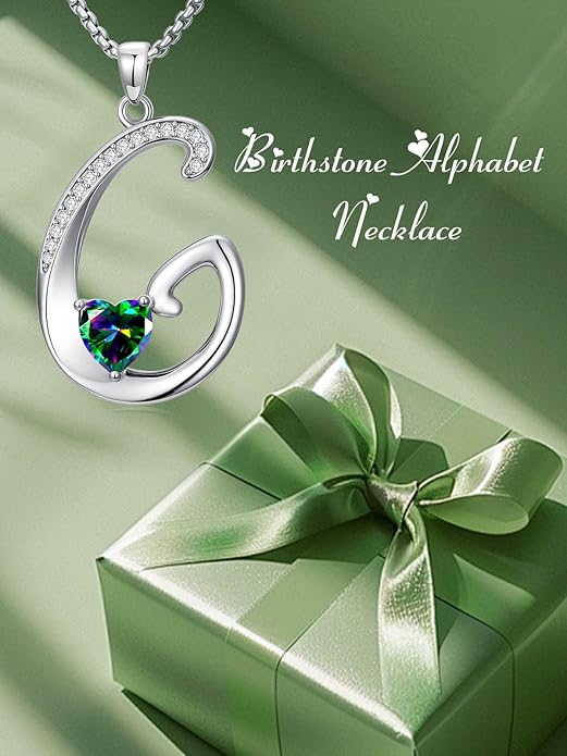 Valentines Day Gifts for Women Alphabet A to Z Initial Birthstone Pendant Necklaces for Women - 18k White Gold Plated Personalized Name Jewelry Valentine Mothers Day Birthday Gifts for Women Her Girlfriend