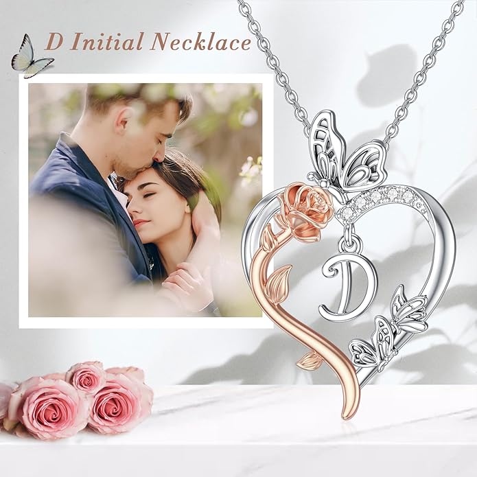 TOUPOP Rose Heart Necklaces Gifts for Women 925 Sterling Silver Butterfly Heart Initial Necklace Anniversary Valentines Day Birthday Jewelry Gifts for Mom Her Wife Girlfriend Daughter