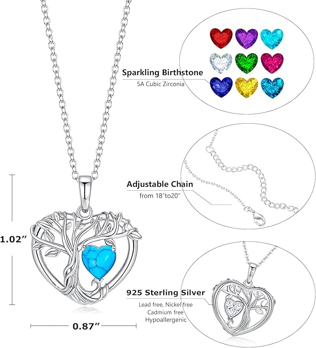 Tree of Life Necklaces for Women 925 Sterling Silver Heart Pendant Birthstone Necklace Created Gemstone Jewelry for Her, 18"+2"