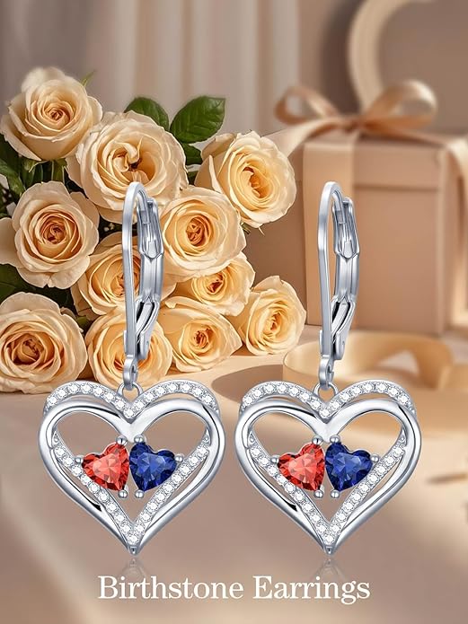 Valentines Day Gifts for Women, Heart Leverback Earrings Double Birthstone Dangle Earrings for Women, Love Jewelry for Her, Anniversary Birthday Gift for Mom Wife Girlfriend