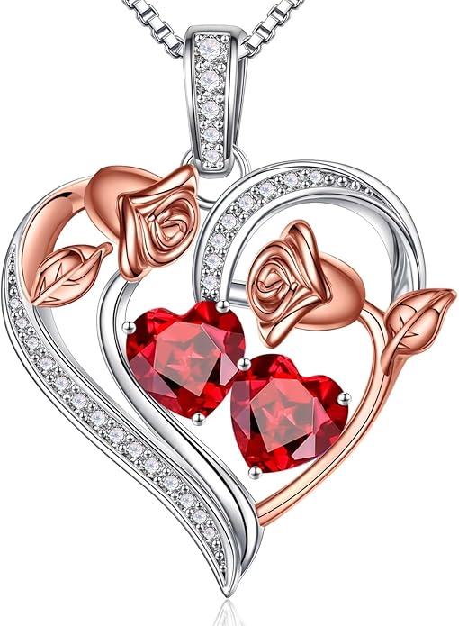 Iefil Valentines Day Gifts for Her - 925 Sterling Silver Rose Heart Necklace, Birthstone Jewelry, Anniversary Birthday Gifts for Wife Girlfriend Mom Daughter
