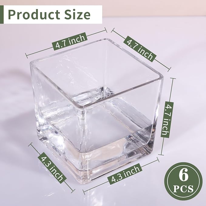 PINIWON 6 Pack Square Glass Vases 5 x 5 x 5 Inch, Wedding Party Home Decor - Image 2