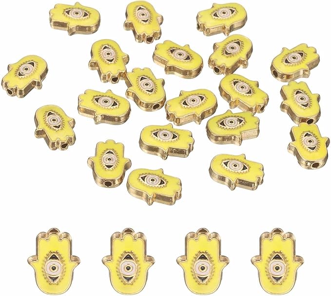 MECCANIXITY 20 Pcs Hand Evil Eye Beads Colorful Flat Loose Spacer Evil Eye Charms for DIY Bracelet Earrings Necklace Crafts Jewelry Making, Yellow