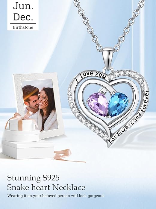 Valentine's Day Gifts for Wife 925 Sterling Silver Double Birthstone Pendant Necklaces I Love You for Always and Forever Necklace Anniversary Birthday Gifts for Wife Girlfriend Mom Her
