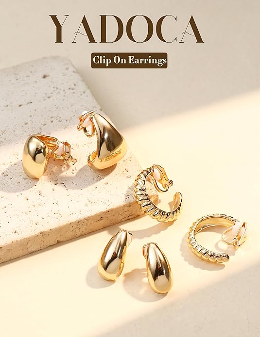 YADOCA 9 Pairs Gold Clip on Earrings for Women 14K Gold Plated Waterdrop Chunky Clip on Hoop Earrings No Piercing Fake Earrings Set