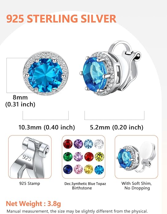 Silvora 925 Silver 8MM Cubic Zirconia Birthstone Clip On Stud Earrings Round Non Pierced Earrings For Women,Come with Box