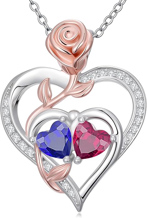 Rose Flower Heart Pendant for Women Birthday Gifts 18k Gold Plated Mother Daughter Necklace with 12 Months Birthstone Christmas Valentines Day Gifts for Her Mom Anniversarry Jewelry for Mom Wife Girlfriend