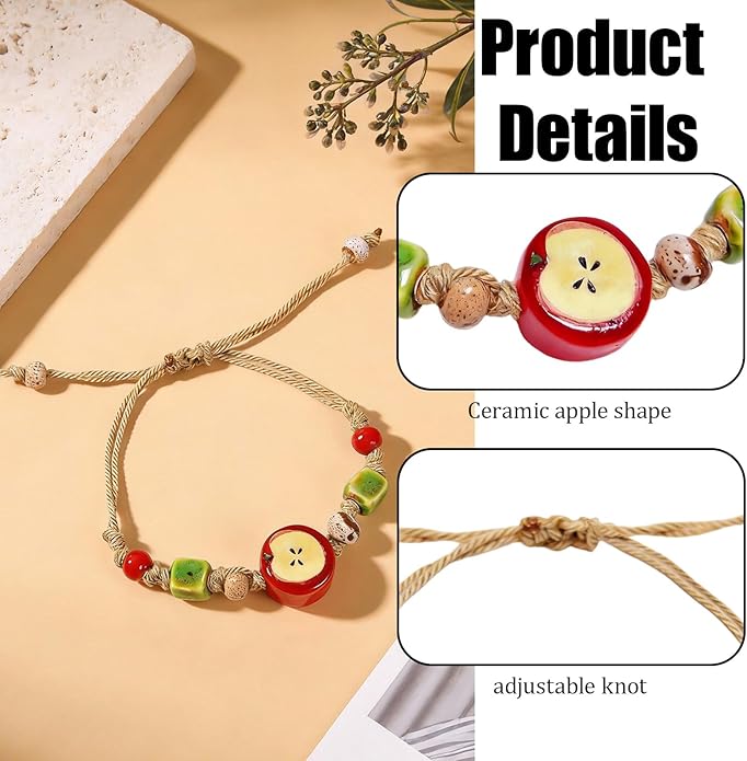 Handmade Ceramic Apple Charm Bracelet, Woven Rope String Wristband with Red Fruit Porcelain Beads, Adjustable Artisan Jewelry for Women, Nature-Inspired Accessory, Unique Teacher Appreciation Gifts