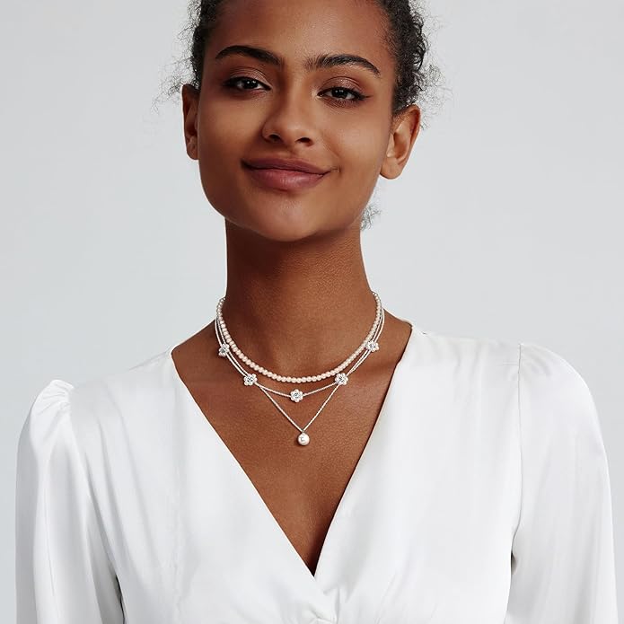 Zeffy Gold Pearl Necklace for Women, Dainty 14K Gold/Silve Plated Layered Pearl Choker Pearl Earrings Pearl Bracelets Wedding Trendy Gold Jewelry Set for Women Gifts