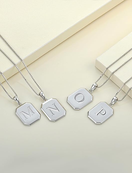 YL Initial Necklace 925 Sterling Silver Square/Round/Heart Letter Pendant A-Z Alphabet Polished Jewelry for Women