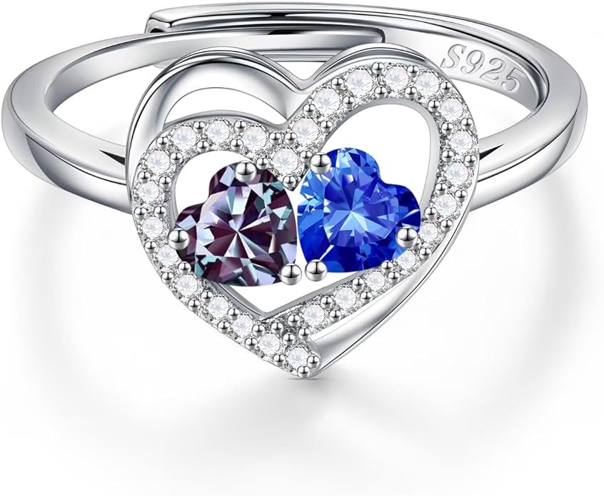 Iefil Adjustable Ring for Women - 925 Sterling Silver Double Birthstone Rings, Anniversary Birthday Gifts for Women Wife Her