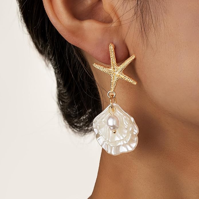 Seashell Starfish Earrings Beach Jewelry for Women Pearl Drop Shell Earrings Ocean Beachy Fashion Accessories Womens Summer Outfits 2026 Tropical Vacation Outfits Beach Vacation Clothes Dresses