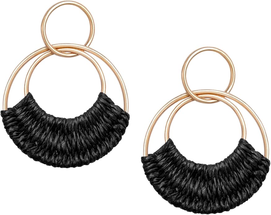 Raffia Hoop Earrings for Women Fun Boho Summer Beach Earrings Lightweight Handmade Straw Wicker Rattan Dangle Earrings Statement Geometric Round Drop Earrings