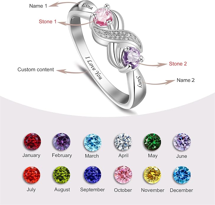 Personalized Heart Birthstone Rings for Women with 2 Birthstones Custom Name Rings for Couple Mother Daughter Jewelry Gift for Mother Her Christmas