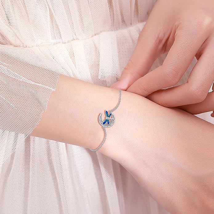 Dragonfly Bracelet 925 Sterling Silver Butterfly Bracelet Adjustable Celtic Moon Bracelet Irish Celtic Jewelry Gifts for Women