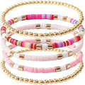GOOJIDS Surfer Heishi Clay Bead Bracelets for Women Bohemian Stackable Gold Plated Beaded Stretch Bracelets Elastic Layering Friendship Bracelets Set Boho Jewelry