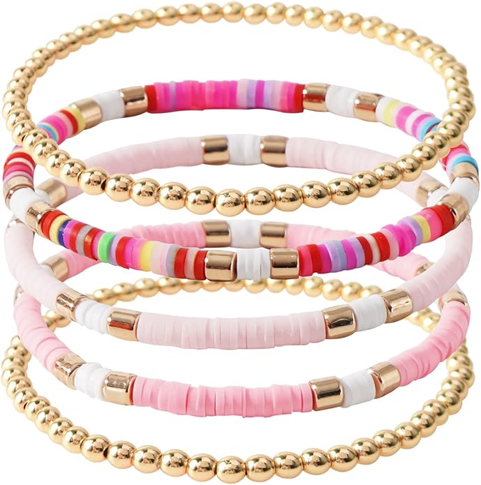 GOOJIDS Surfer Heishi Clay Bead Bracelets for Women Bohemian Stackable Gold Plated Beaded Stretch Bracelets Elastic Layering Friendship Bracelets Set Boho Jewelry