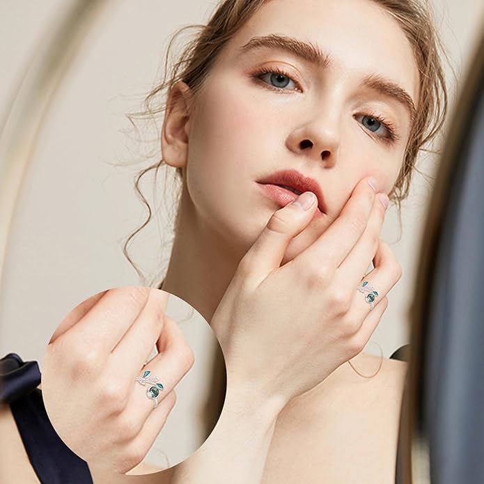 CUOKA MIRACLE Leaf Moss Agate Ring S925 Sterling Silver Moss Agate Rings For Women Engagement Adjustable Rings Leaf Moss Agate's Jewelry Gifts For Women Mother's Day Jewelry Gifts