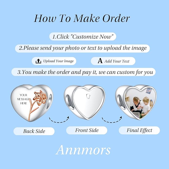 Annmors Personalized Photo Charm for Bracelet Necklaces,925 Sterling Silver Charm Love Heart Shaped Engraved Customize Picture Gift for Birthday Mother's Day Christmas,Bead Charms Jewelry for Women