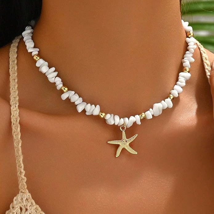 Shell Starfish Necklace for Women, 14k Gold Plated Boho Layered Beaded Charm Pendant Necklace, Dainty Adjustable Pearl Conch Summer Beach Vacation Jewelry Gifts