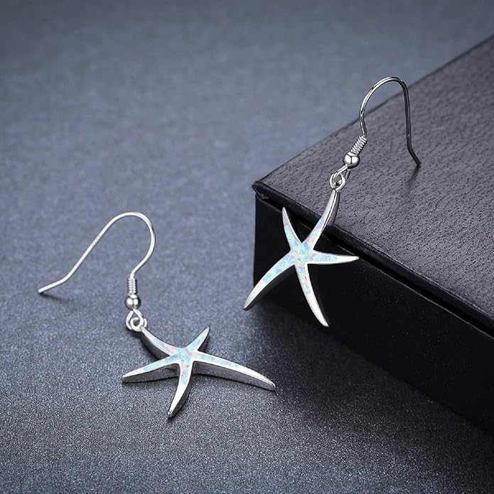 925 Sterling Silver Starfish Earrings With Opal Fish Hoops, Nautical Hawaiian Sea Beach Jewelry for Women and Starfish Lovers