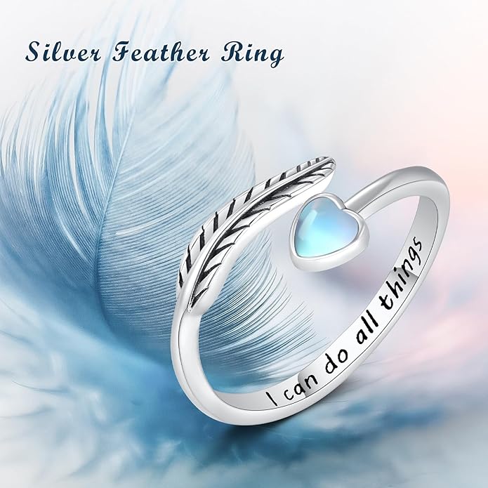 Turquoise/Moss Agate/Moonstone/Black Onyx/Lapis Lazuli/Labradorite/Tiger Eye Feather Ring 925 Sterling Silver Adjustable Ring Western Thumb Rings Vintage Jewelry Gifts for Women