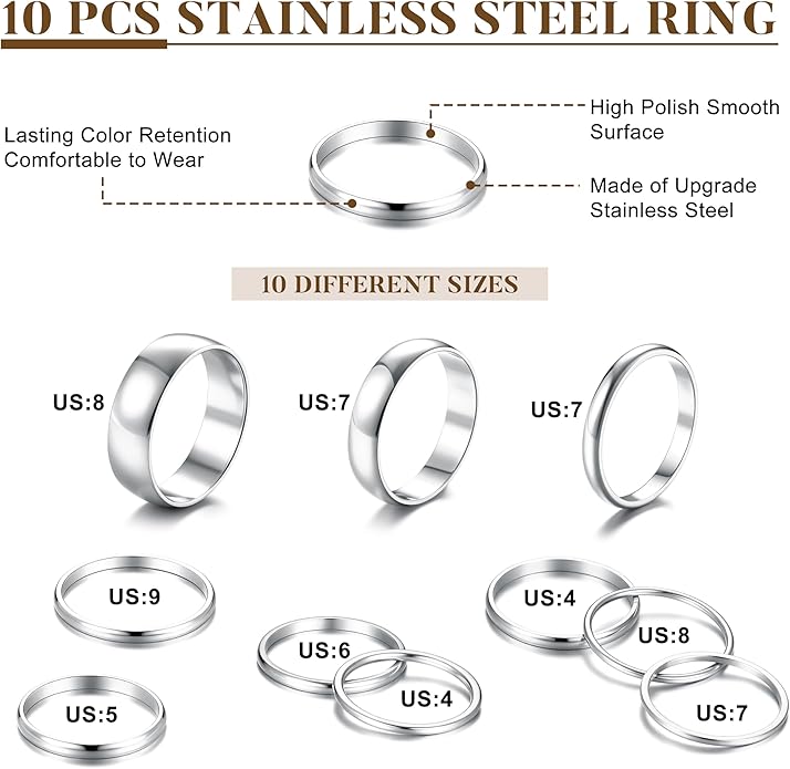 HAIAISO Silver Rings for Women Non Tarnish Stainless Steel Rings Set Dainty Gold Band Ring Stack Simple Stackable Thumb Pinky Ring for Multiple Size