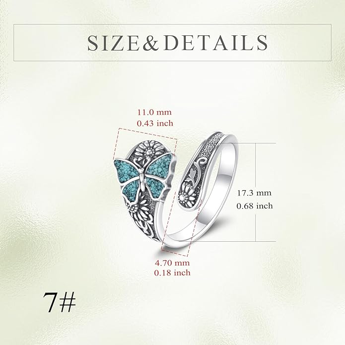VONALA Vintage 925 Sterling Silver Butterfly Ring with Crushed Turquoise, Modern Vintage Women's Jewelry, Elegant Gift for Her,Adjustable Size 6–8