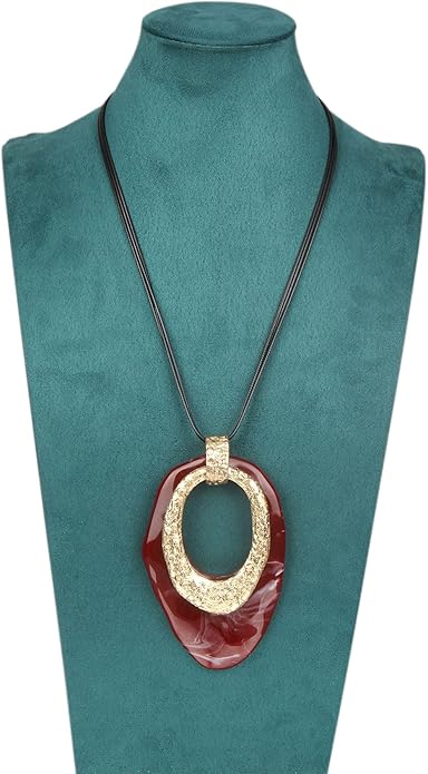 GelConnie Leather Necklace for Women Large Pendant Long Brown Necklace Circle Leather Choker Vintage Sweater Necklace Gold Chunky Boho Necklaces for Women