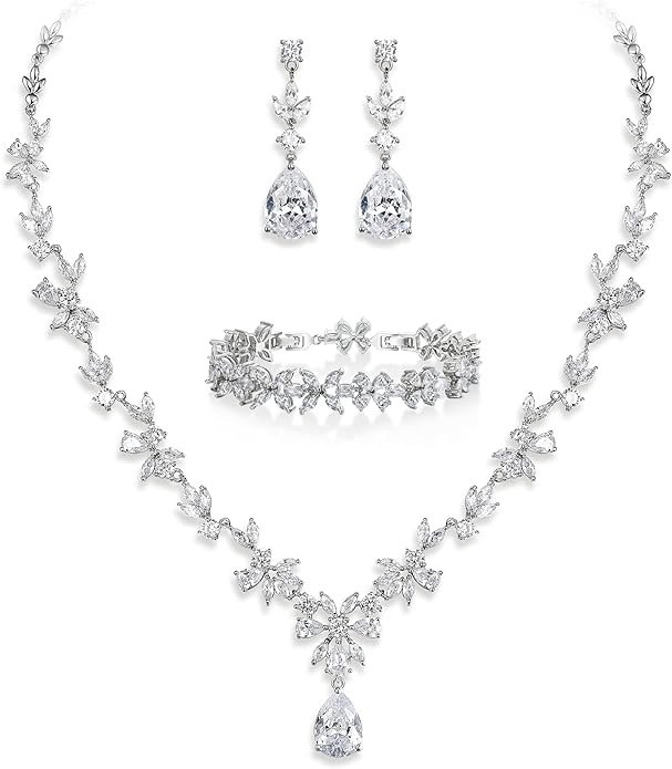 Crysdue Wedding Jewelry Set for Women, Floral Leaf Vine Teardrop Necklace Dangle Earrings Bracelet and Hair Comb, Cubic Zirconia Elegant Party Prom Jewellery for Bridal Bridesmaid