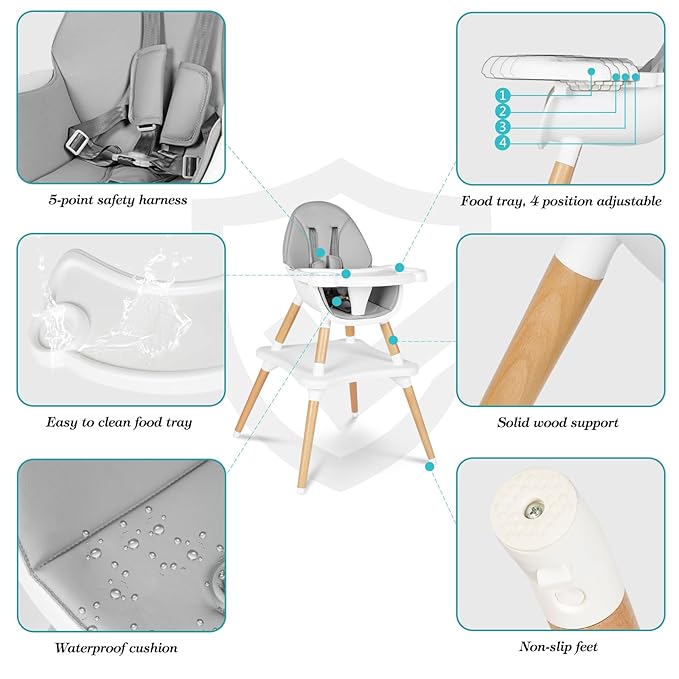 6 in 1 High Chair for Babies & Toddlers, Convertible Wooden Baby Highchair, Table and Chair Set, Baby Feeding Chair, 5-Point Adjustable Harness/4-Position Removable Tray& PU Seat Cushion(Grey)