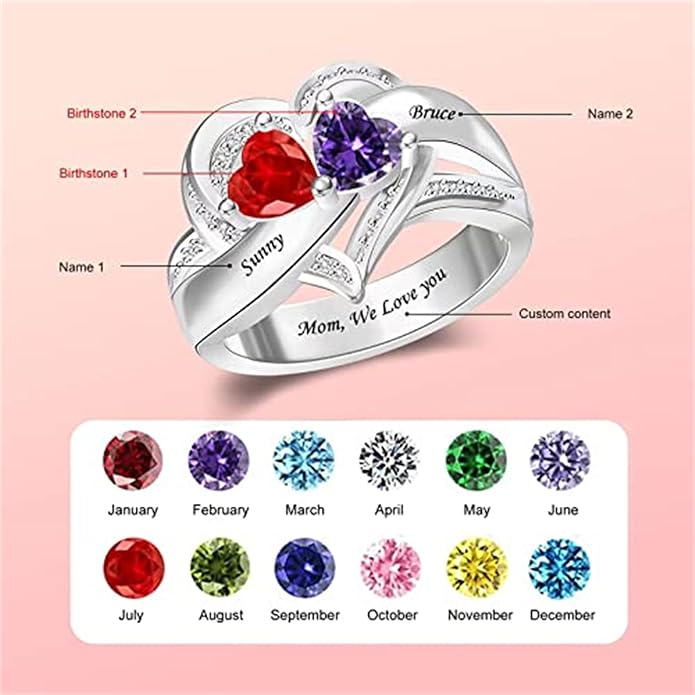 Personalized Heart Birthstone Rings for Women with 2 Birthstones Custom Name Rings for Couple Mother Daughter Jewelry Gift for Mother Her Christmas
