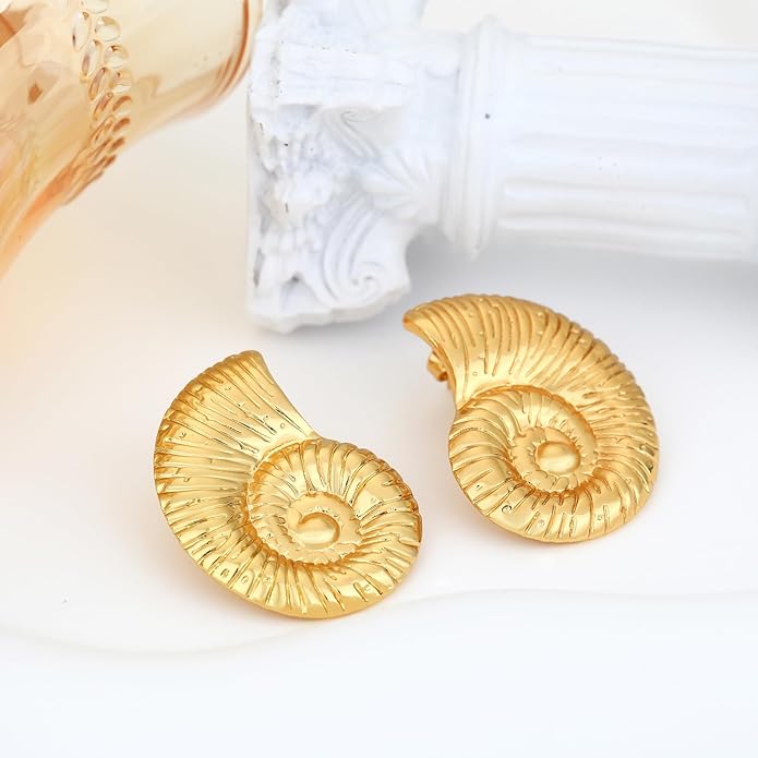 MISS RIGHT Gold Shell Earrings for Women, Stainless Steel Sea Shell Stud Seashell Earrings Beach Jewelry, Hypoallergenic Lightweight Summer Earrings