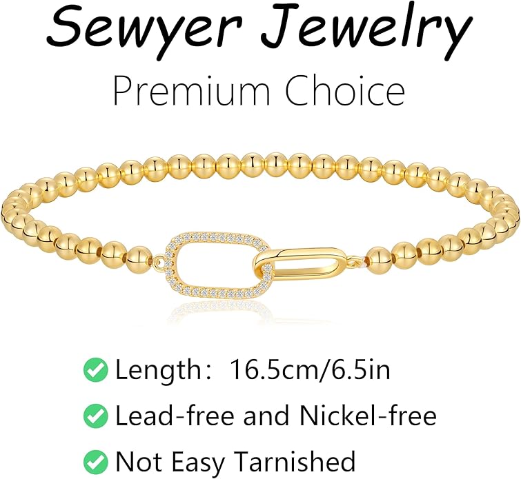 Gold Bracelets for Women, Cute 14K Gold/Silver Plated Stretch Beaded Bracelets for Women Trendy Stackable Charm Bracelet Dainty Adjustable Waterproof Non Tarnish Jewelry Gifts for Her