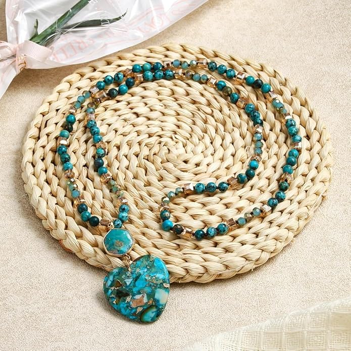 Yomisa Boho Necklaces for Women Men Long,33/34/35 Inch Natural Turquoise Tiger Eye Beaded Stone Pendant Necklaces for Women Trendy,Handmade Bohemian Western Bead Necklace Fashion Charm Jewelry Gift