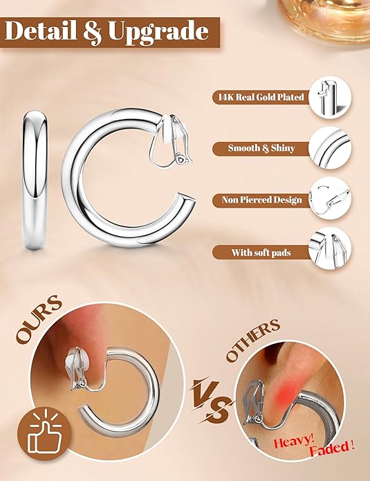 BESTEEL 3Pairs Clip on Earrings for Women Trendy Hypoallergenic 14K Gold Plated Chunky Tube Croissant Waterdrop Clip-on Hoop Earrings Set Fake Jewelry Non Pierced Ears
