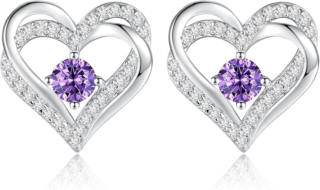 CDE Forever Love Heart Stud Earrings for Women, 925 Sterling Silver Birthstone Heart Stud Earrings Christmas Day Mother's Day Gift Anniversary Birthday Jewelry Gifts for Women Wife Her