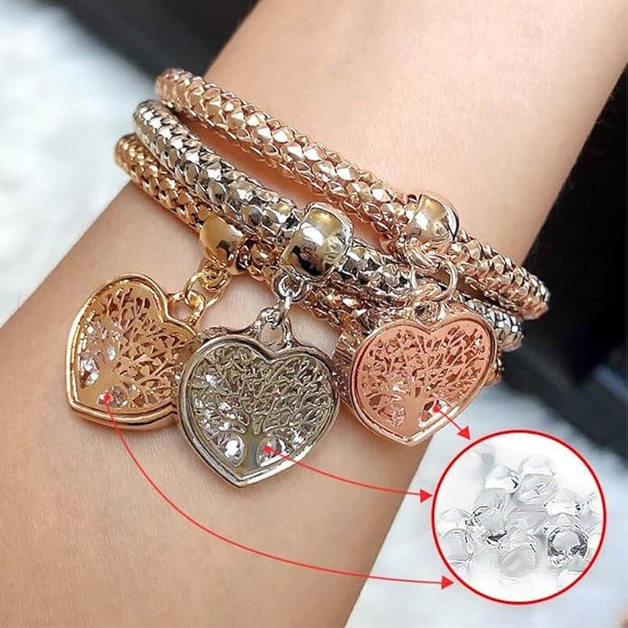 Crystal Charms Multilayer Bracelets - 3PCS Gold/Silver/Rose Gold Corn Chain Bracelet for Women, Tree of Life Heart Shaped Stretch Bracelet