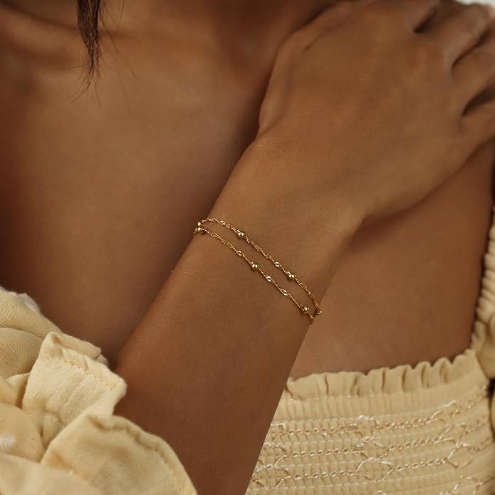 SLOONG Valentines Day Gifts for Her Gold Pearl Bracelets, 18K Real Gold Plated Dainty Stackable Snake Chain CZ Heart Pendant Bracelets, Layered Waterproof Jewelry Gift for Women Adjustable 6"+2"