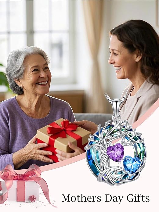 TOUPOP s925 Sterling Silver Family Celtic Tree of Life Pendant Necklaces with 2 Heart Birthstone with Blue Austrian Crystal Jewelry Birthday Valentines Day Gifts for Her, Anniversary Christmas Gifts for Wife Girlfriend Mom (18K Real White Gold Filled)