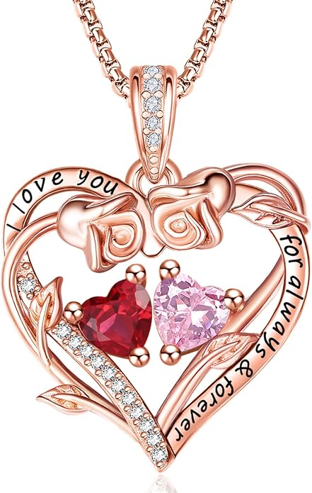 Rose Heart Necklaces for Women, Rose Gold Forever Love Jewelry with 2 Birthstones Pendant,Valentines Anniversarry Birthday Gifts for Her Wife Mom Grandma Daughter, 18+2 Inch Chain