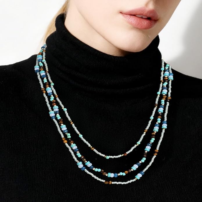 Boho Layered Necklaces For Women Western Turquoise Natural Stone Jewelry For Women Statement Beaded Necklace For Women Dainty Chain Necklace Stack For Women Unique And Unusual Gifts