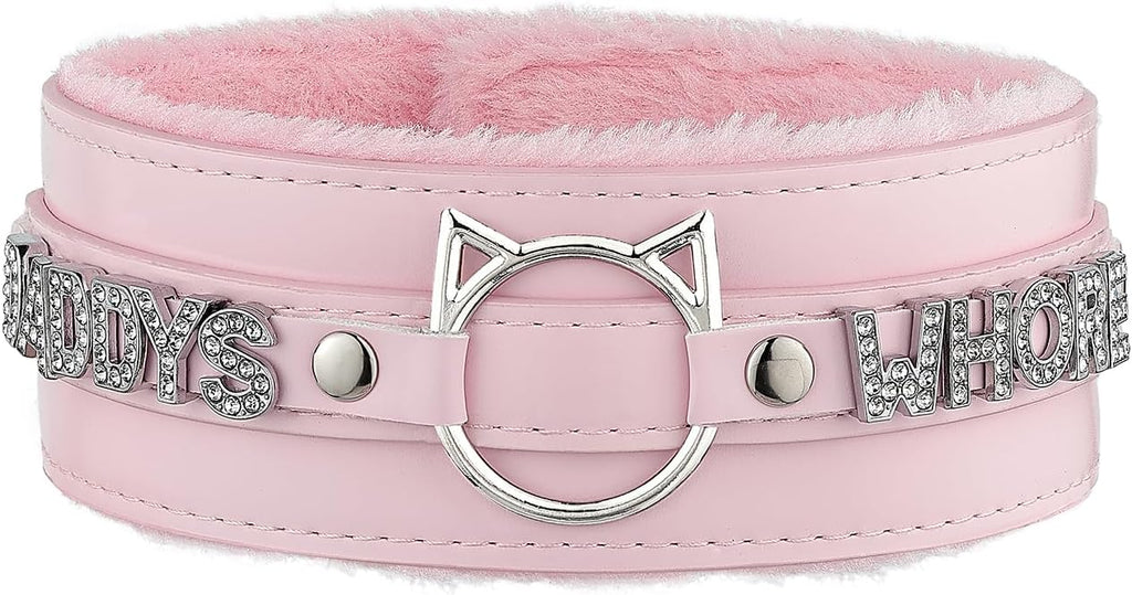 Handmade Collar Choker Necklace for Women – Cat Ear O-Ring Punk Goth Letter Choker,Black/Pink Furry Alt Fashion Jewelry