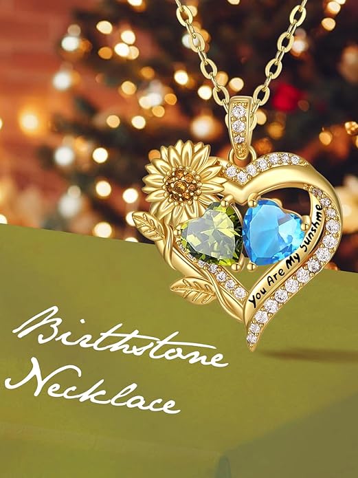 Sunflower Heart Necklace for Women 14K Gold Exquisite Valentines Day Anniversary Birthday Gifts for Wife Mother Her Double Birthstone Pendant Jewelry‘You Are My Sunshine’