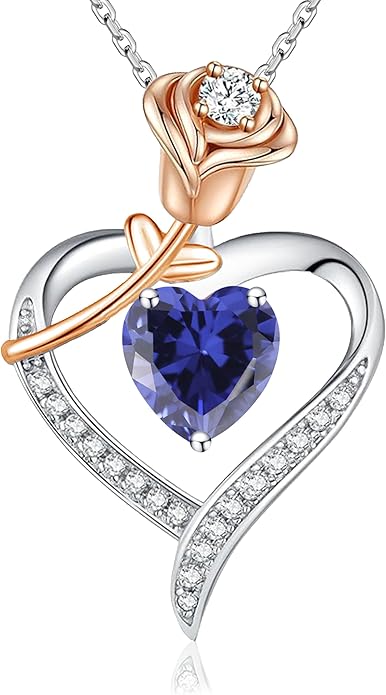 immobird Rose Gold Heart Necklace Birthstone Jewelry Sterling Silver Jewelry Plated White Gold Valentine's Day Gift Women for Wife Mom Necklace for Women