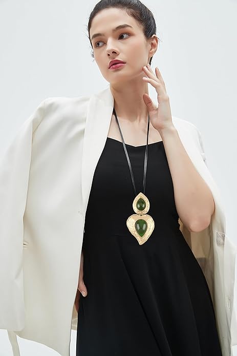 GelConnie Leather Necklace for Women Large Pendant Long Brown Necklace Circle Leather Choker Vintage Sweater Necklace Gold Chunky Boho Necklaces for Women