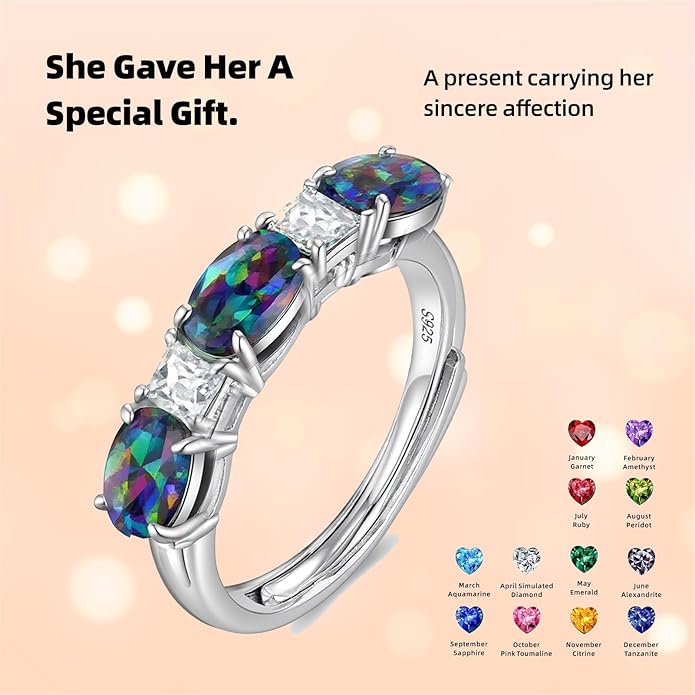 925 Sterling Silver Birthstone Rings for Women - Adjustable Size Women Jewelry Birthday Gifts for Girlfriend,Wife,Mom